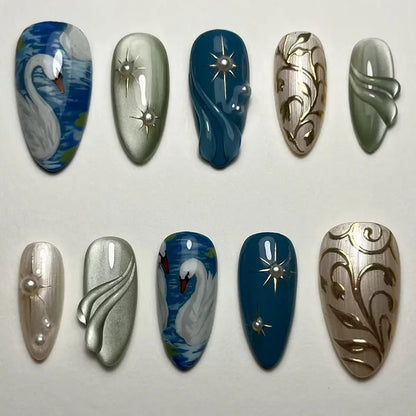 24Pcs Almond Fake Nail with Star and Moon Design Mid-length Round Head Press on False Nails Wearable Full Cover Nail Tips
