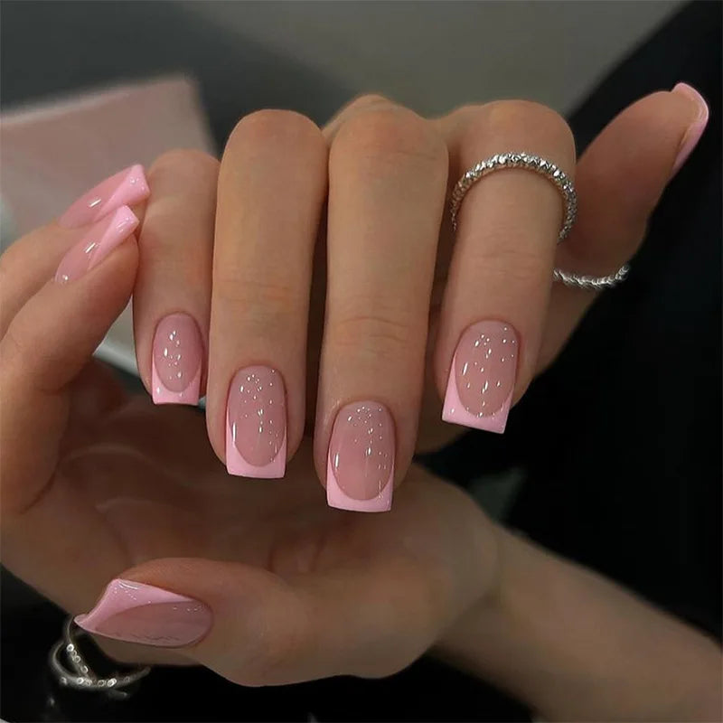 24Pcs Short Square False Nails French 3D Bow Design Wearable Full Cover Nail Tip Glitter Edge Artificial Press on Fake Nails Art