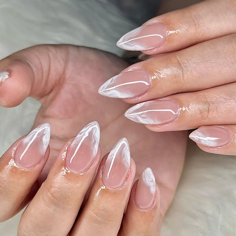 24Pcs Mid-length Almond Nails Set Press on With White Gradient Design Fake Nail Flower Pattern Reusable Finished False Nail Tip