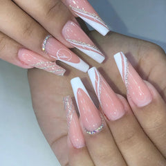 24Pcs Long Ballet False Nails with Butterfly Rhinestone Design Coffin French Fake Nails Purple Press on Nails Wearable Nail Art