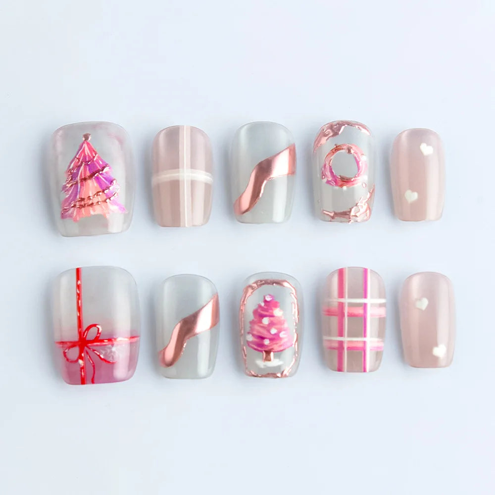 24Pcs Short Square Fake Nails Press on 3D Snowflake Christmas Tree Full Cover Nails Tips Cat's Eye Gilded Detachable False Nails