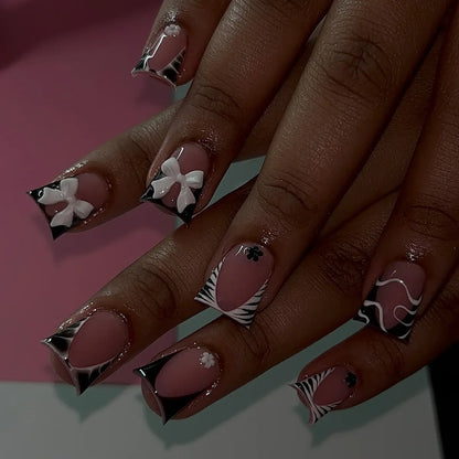 24Pcs Leopard Print French Press on Fake Nails Short Square Head Reusable Full Cover Nails Tips 3D Flower Rhinestone False Nails