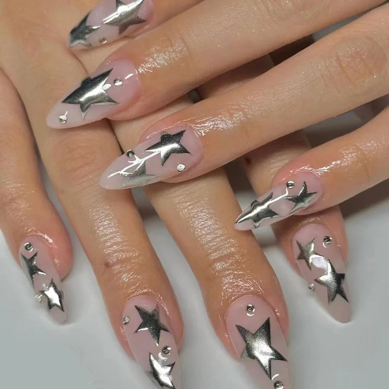 24Pcs Long Stiletto Fake Nail Brown Blue Smudge Leopard Print Press on False Nails Star Polka Dot Wearable Full Cover Nails Tips