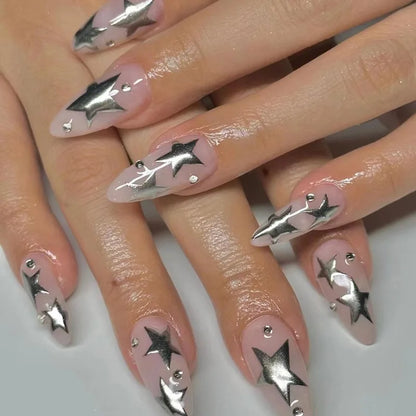 24Pcs Long Stiletto Fake Nail Brown Blue Smudge Leopard Print Press on False Nails Star Polka Dot Wearable Full Cover Nails Tips
