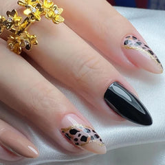 24Pcs Almond French Press on Fake Nails with Pearl Bow Design Wearable Leopard Print Pattern Nail Art Tips Long False Nails Set