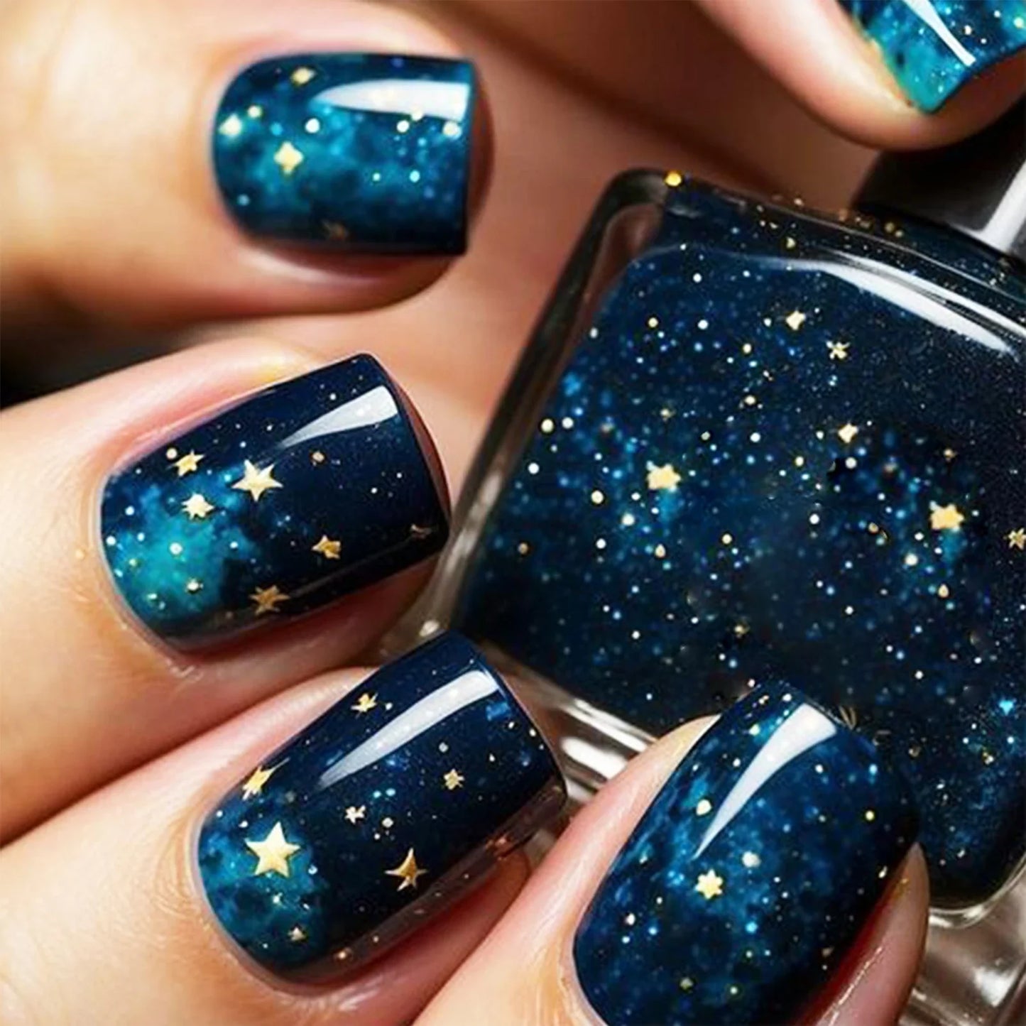 Shiny Blue Fake Nails 24Pcs Short Square Press On Nails Sparkly Gold Star Designs Reusable Acrylic False Nails Tips for Woman
