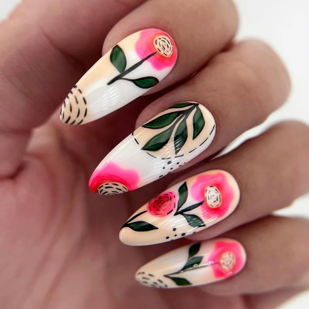 24pcs/set medium long fake nails for Spring summer season beautiful peach flowers butterfly design press on false nail art tips