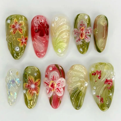 24Pcs White French Full Cover Fake Nail Tips with Pearl Reusable Short Almond False Nails Colorful Flowers Design Press on Nails