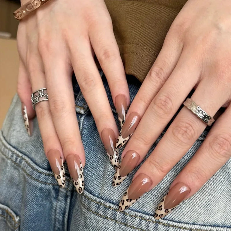24Pcs Almond French Press on Fake Nails with Pearl Bow Design Wearable Leopard Print Pattern Nail Art Tips Long False Nails Set