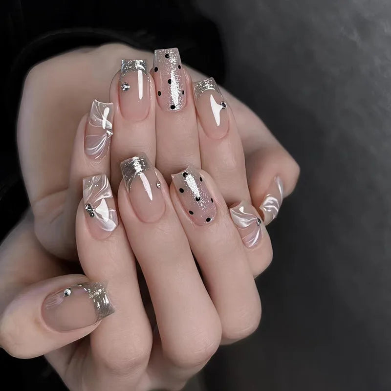 24Pcs Cat's Eye Leopard Print Gradient Fake Nails Mid-length Ballet Press on False Nails 3D Bow Detachable Full Cover Nails Tips