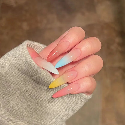 24Pcs Long French Almond Nails Set Press on Simple White Edge Design Fake Nails for Woman Detachable Full Cover False Nails Tips