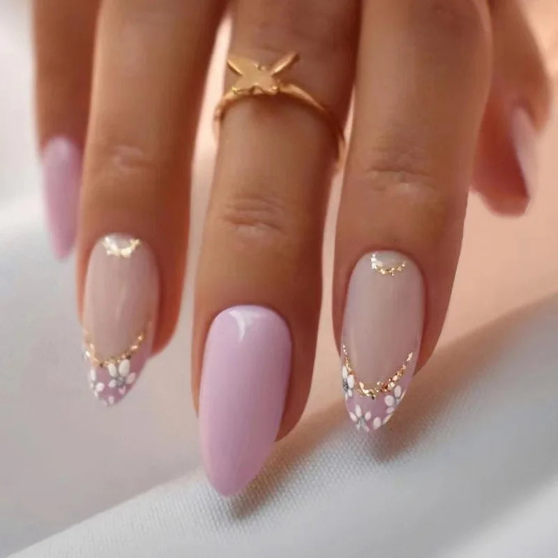 24Pcs Almond French Press on Fake Nails with Pearl Bow Design Wearable Leopard Print Pattern Nail Art Tips Long False Nails Set