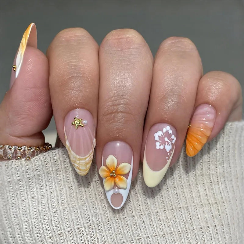 24Pcs Mid-length French Almond Press on Nails Tips with 3D Shell Flower Design Full Cover Fake Nails Art Datachable False Nails
