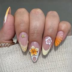 24Pcs Mid-length French Almond Press on Nails Tips with 3D Shell Flower Design Full Cover Fake Nails Art Datachable False Nails