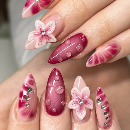 24Pcs Mid-length Blue Almond False Nails with 3D Shell Design Press on Nails Tips Butterfly Flower Pattern Datachable Fake Nail