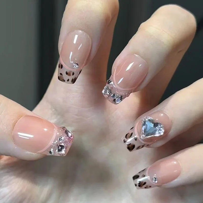 24Pcs Cat's Eye Leopard Print Gradient Fake Nails Mid-length Ballet Press on False Nails 3D Bow Detachable Full Cover Nails Tips