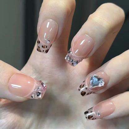 24Pcs Cat's Eye Leopard Print Gradient Fake Nails Mid-length Ballet Press on False Nails 3D Bow Detachable Full Cover Nails Tips