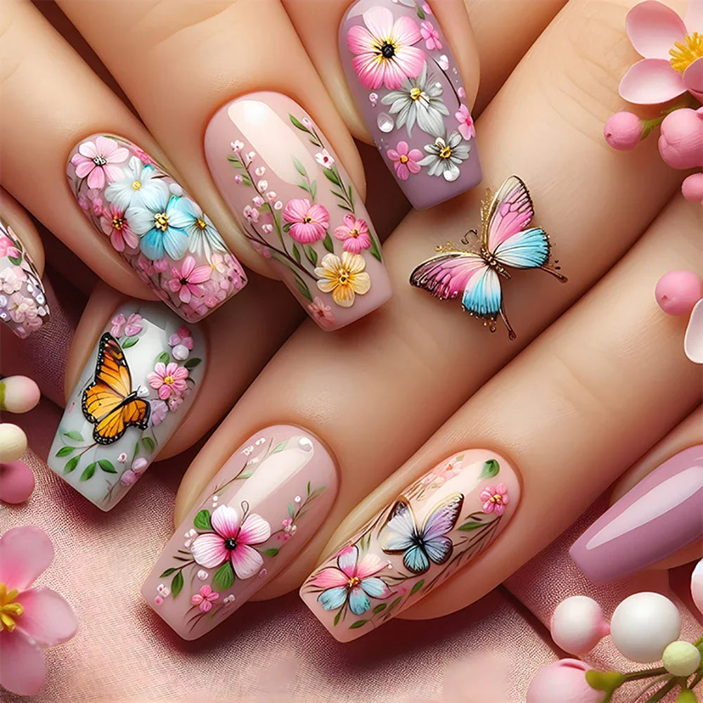 24pcs/set Short Medium long fake nails for women girls Spring summer flowers butterfly flamingo blue pink press on false nails