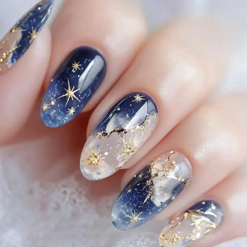 Shiny Blue Fake Nails 24Pcs Short Square Press On Nails Sparkly Gold Star Designs Reusable Acrylic False Nails Tips for Woman