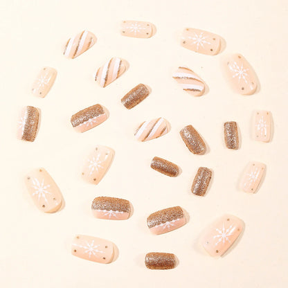 24Pcs Gold Sequins Fake Nails Nude Color Short Square Press On Nails Snowflake Printed Women Christmas Party False Nails Art