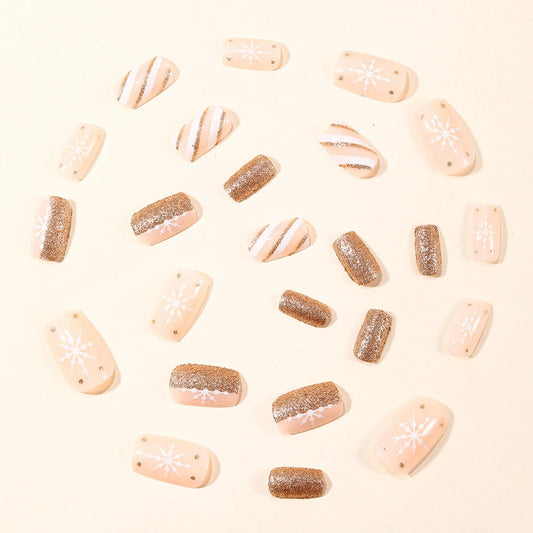 24Pcs Gold Sequins Fake Nails Nude Color Short Square Press On Nails Snowflake Printed Women Christmas Party False Nails Art
