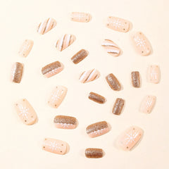 24Pcs Gold Sequins Fake Nails Nude Color Short Square Press On Nails Snowflake Printed Women Christmas Party False Nails Art