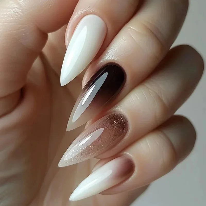 24Pcs Mid-length Almond Fake Nail with Blue Stripe Smudge Design Press on Nails for Woman Datachable Full Cover False Nails Tips