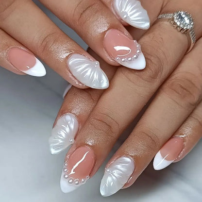 24pcs/set Medium fake nails for women girls 3D embossed flowers fruit shell rhinestones design Almond tips press on false nail