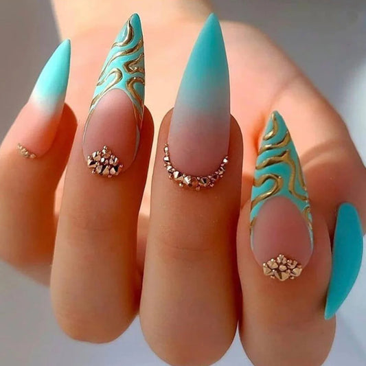 24Pcs Mid-length Almond Full Cover Nail Tip Blue Gradient Design Fake Nails Golden Line Rhinestone Reusable Press on False Nails