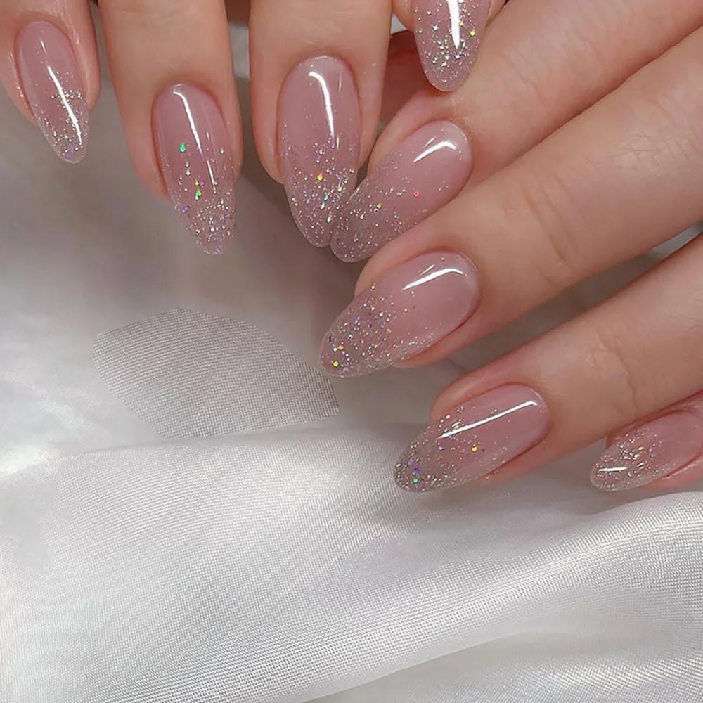 24pcs/set Glitter fake nails for women girls super flash sparkling gradient pink black tips faux ongles press on false nail art