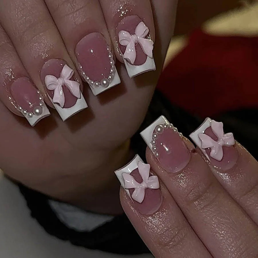 24Pcs Mid-length Square Head Nails Set Press on White French Bow Design Fake Nail Rhinestone Reusable Full Cover False Nail Tip