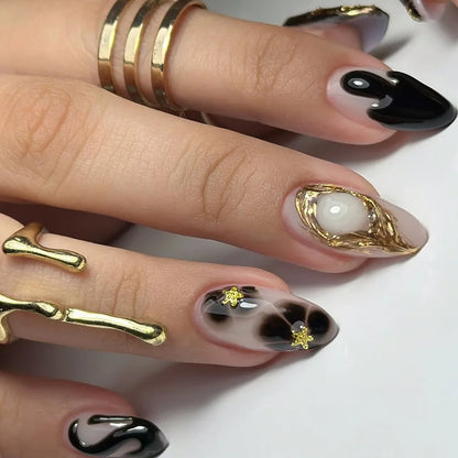 24Pcs Mid-length Blue Almond False Nails with 3D Shell Design Press on Nails Tips Butterfly Flower Pattern Datachable Fake Nail
