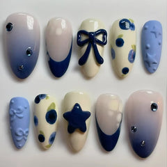 24Pcs Almond Fake Nail with Star and Moon Design Mid-length Round Head Press on False Nails Wearable Full Cover Nail Tips