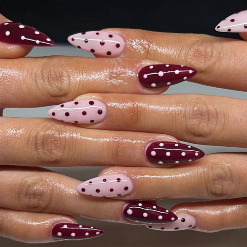 24Pcs Almond French Press on Fake Nails with Pearl Bow Design Wearable Leopard Print Pattern Nail Art Tips Long False Nails Set