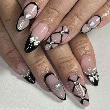 Black Cool Fake Nails Halloween Bat Press on Nails Almond Decorated Nail Tips Rivet Bow False Nails 24pcs Reusable Acrylic Nails