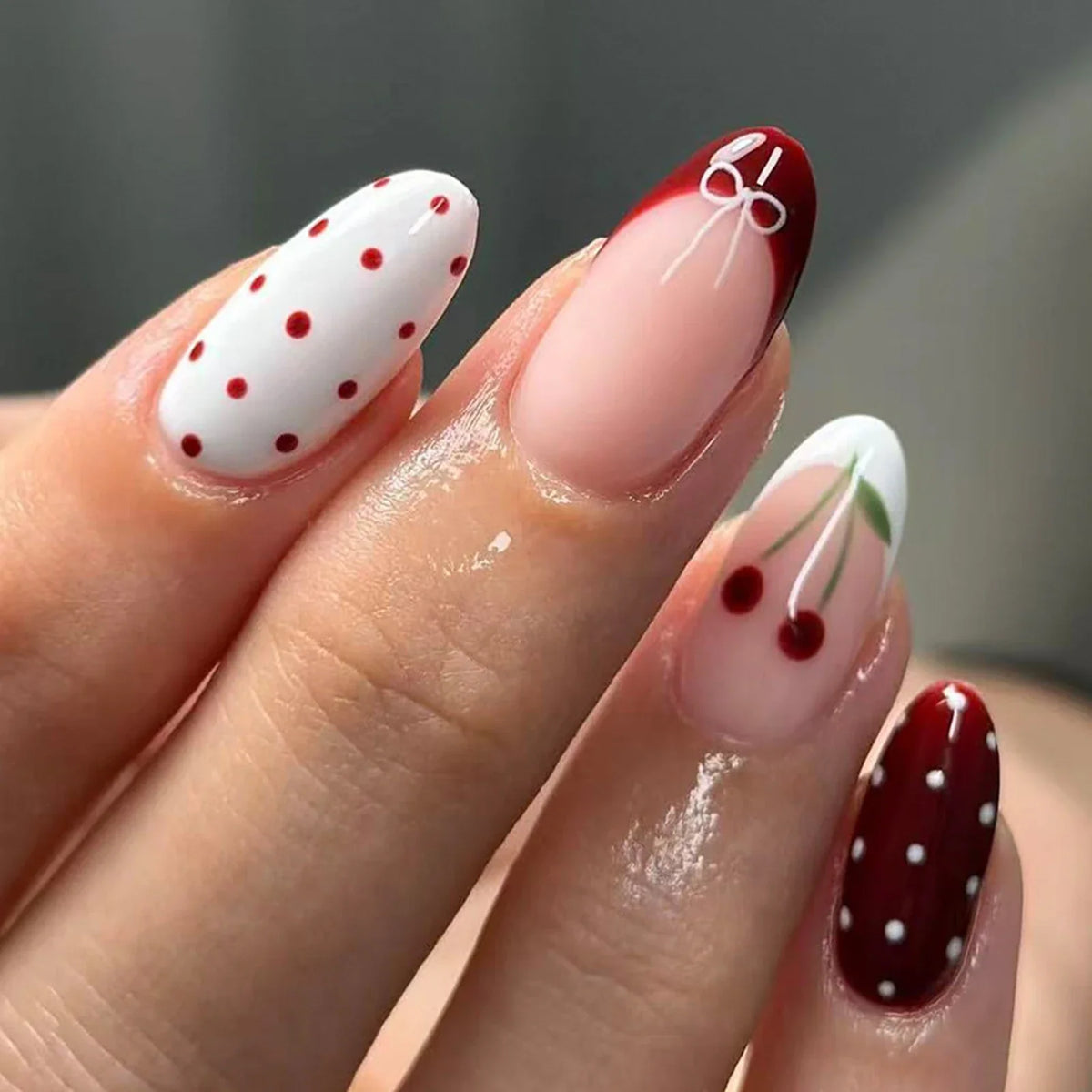 24Pcs Wine Red Almond Fake Nails with Polka Dot/Bowknot/Cherry Designs French Press On Nails Women Girls New Year Charm Manicure