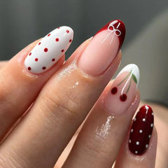 24Pcs Wine Red Almond Fake Nails with Polka Dot/Bowknot/Cherry Designs French Press On Nails Women Girls New Year Charm Manicure