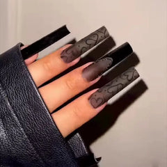 24Pcs Long Square Head False Nails Black French Bow Full Cover Fake Nail Tip Irregular Stripe Rhinestone Reusable Press on Nails