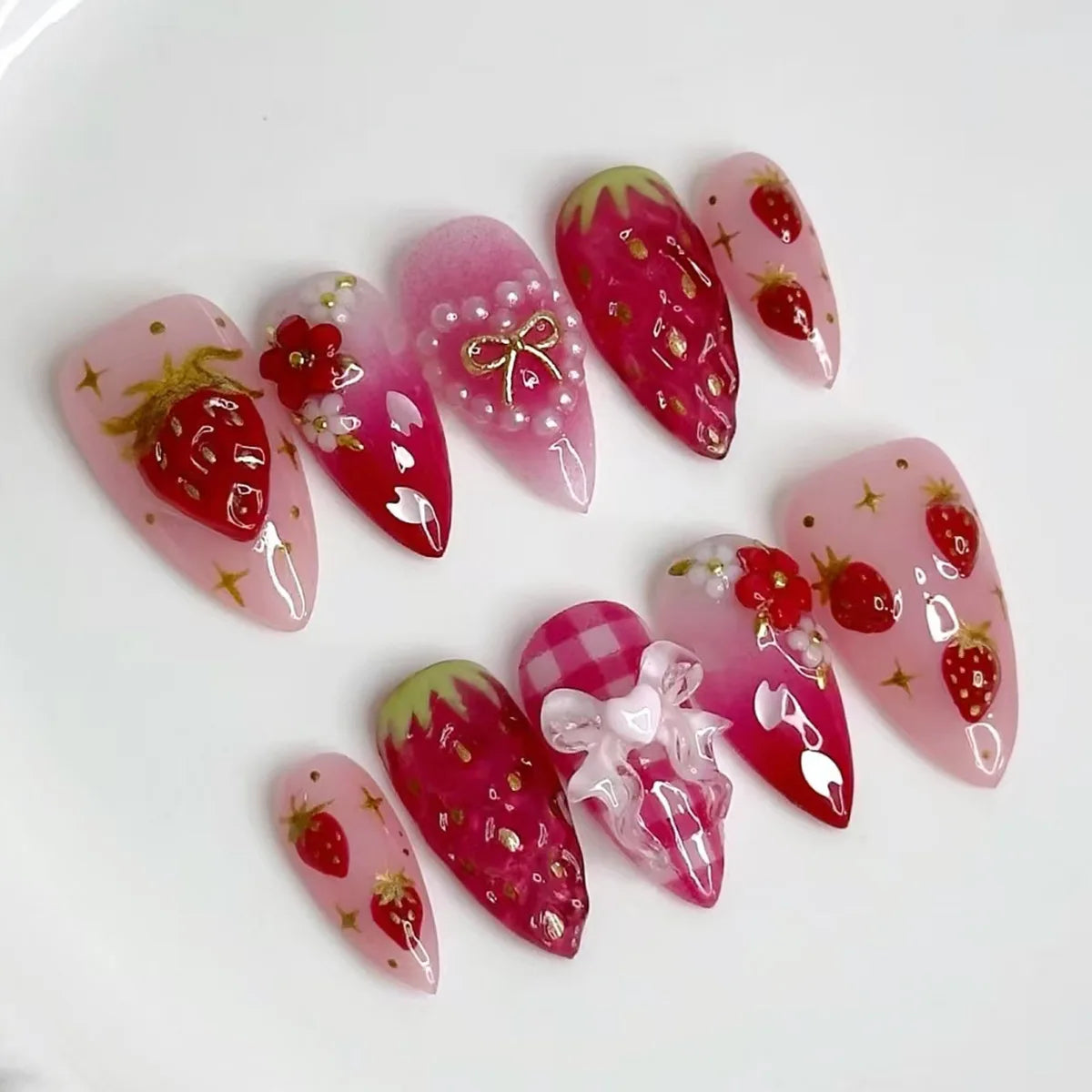 24Pcs Green Oval False Nails with Strawberry Design Wearable Mid-length Almond Press on Fake Nails Rabbit Pattern Nail Art Tip