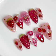24Pcs Green Oval False Nails with Strawberry Design Wearable Mid-length Almond Press on Fake Nails Rabbit Pattern Nail Art Tip