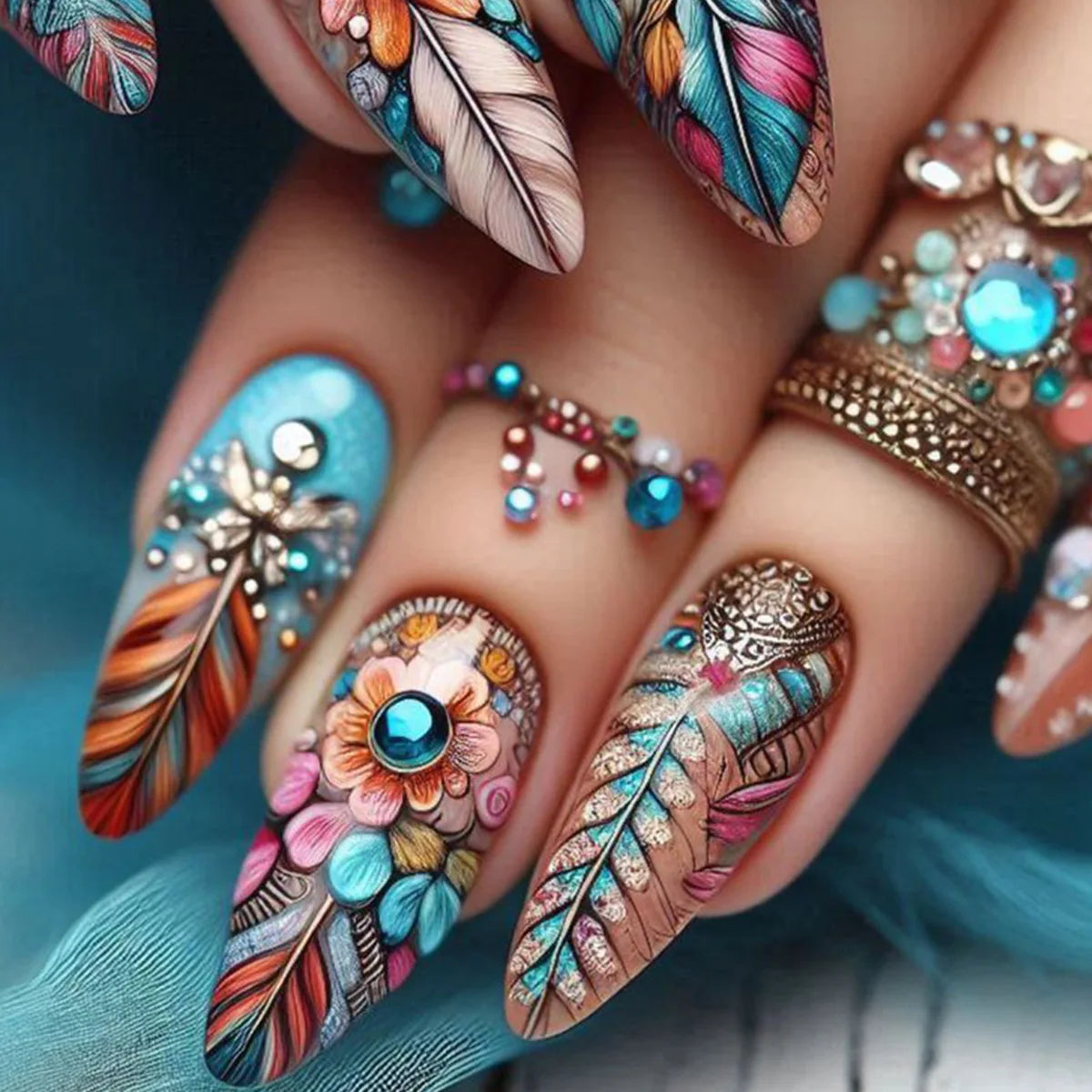24Pcs Mid-length Almond Fake Nail with Blue Stripe Smudge Design Press on Nails for Woman Datachable Full Cover False Nails Tips