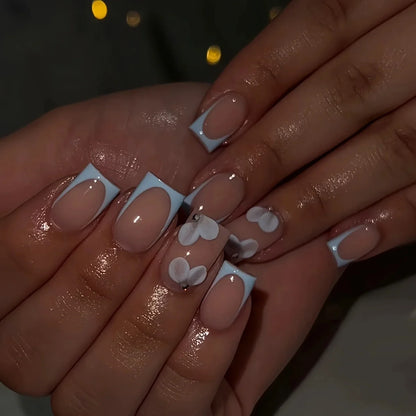 24Pcs Mid-length Square Head Nails Set Press on White French Bow Design Fake Nail Rhinestone Reusable Full Cover False Nail Tip