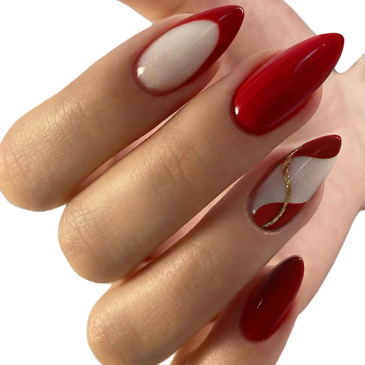 24Pcs Almond Fake Nails Women Girls New Year Party Press On Nails Red/Brown/Orange French False Nails DIY Charm Manicure