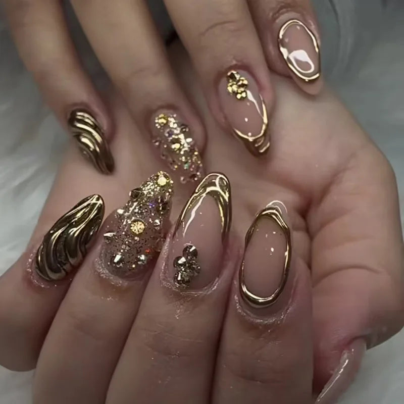 24Pcs Nude Pink Almond Fake Nails with Golden Lines Design Long Round Head Press on False Nails Wearable Full Cover Nail Tips