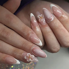 24Pcs Mid-length Almond Press on Fake Nail with French Flower Shiny Powder Design False Nails Art Reusable Full Cover Nails Tips