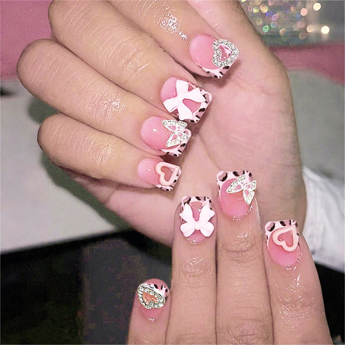 Short Square Nude Pink Fake Nails 24Pcs Leopard Printed French Press On Nails 3D Love Heart/Butterfly/Bowknot Decor False Nails