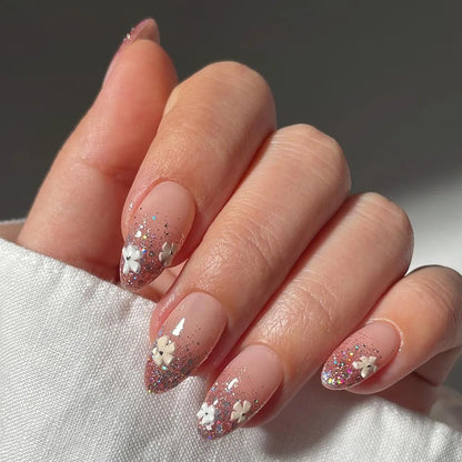 24Pcs Almond Green Press on Fake Nails with Glue Simple Oval Manicure Set Short Flowers Design False Nails Full Cover Nail Tips