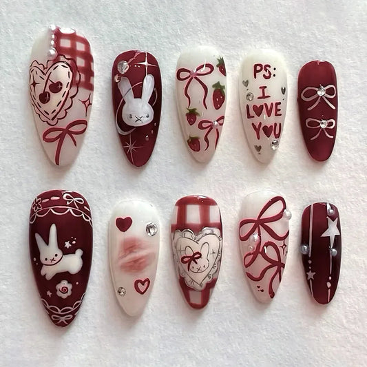 24Pcs Cute Rabbit Design Press on Nails Red Strawberry Pattern Wearable False Nails Mid-length Almond Full Cover Fake Nail Tips
