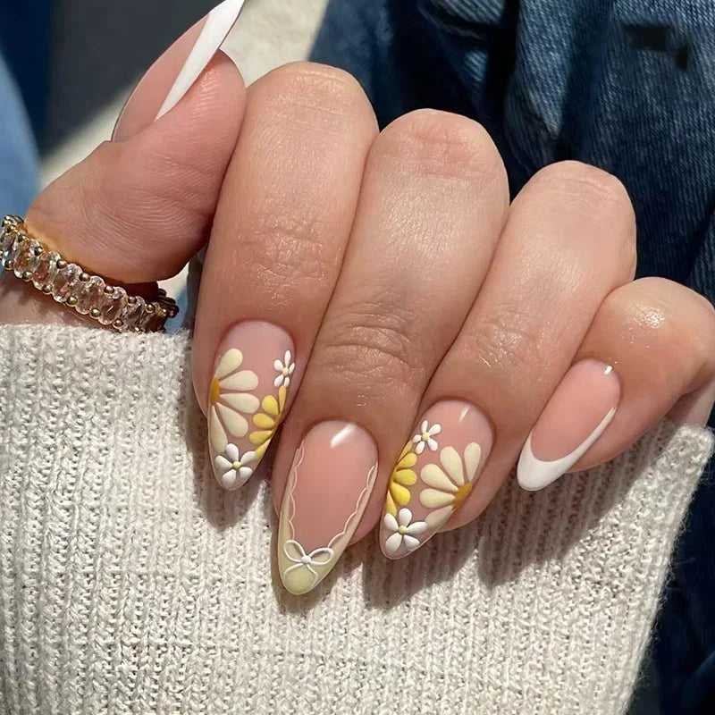 24Pcs Yellow French Fake Nails Mid-length Almond Detachable Press on False Nails Ladybug Strawberry Flower Full Cover Nails Tips