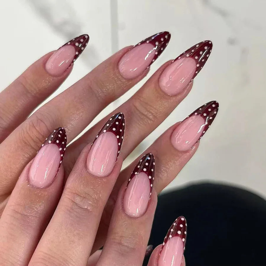 24Pcs Mid-length Stiletto Nails Set Press on French Wine Red Polka Dot False Nails 3D Cherry Reusable Full Cover Fake Nails Tips